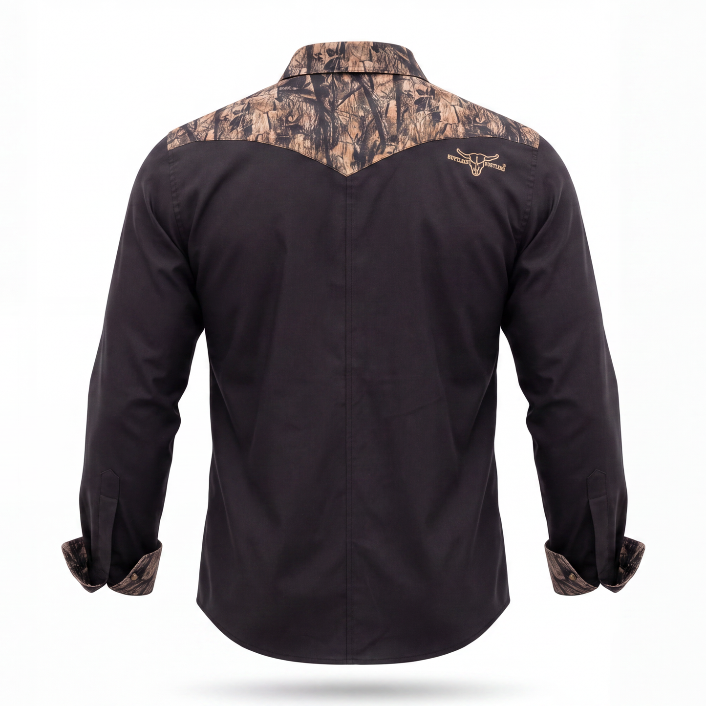 RUTHLESS RUSTLERS WESTERN SNAP SHIRT | Black/Wood Camo