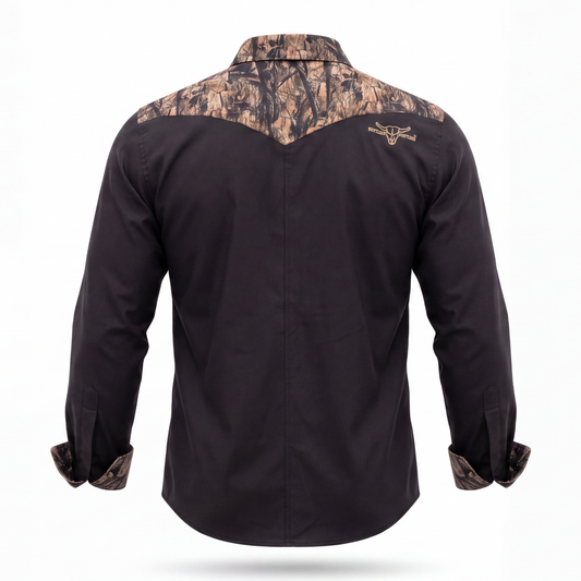 RUTHLESS RUSTLERS WESTERN SNAP SHIRT | Black/Wood Camo