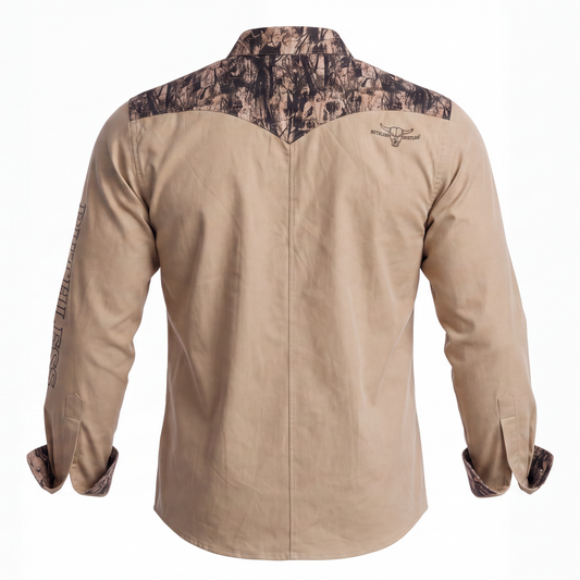 RUTHLESS RUSTLERS WESTERN SNAP SHIRT | Beige/Wood Camo