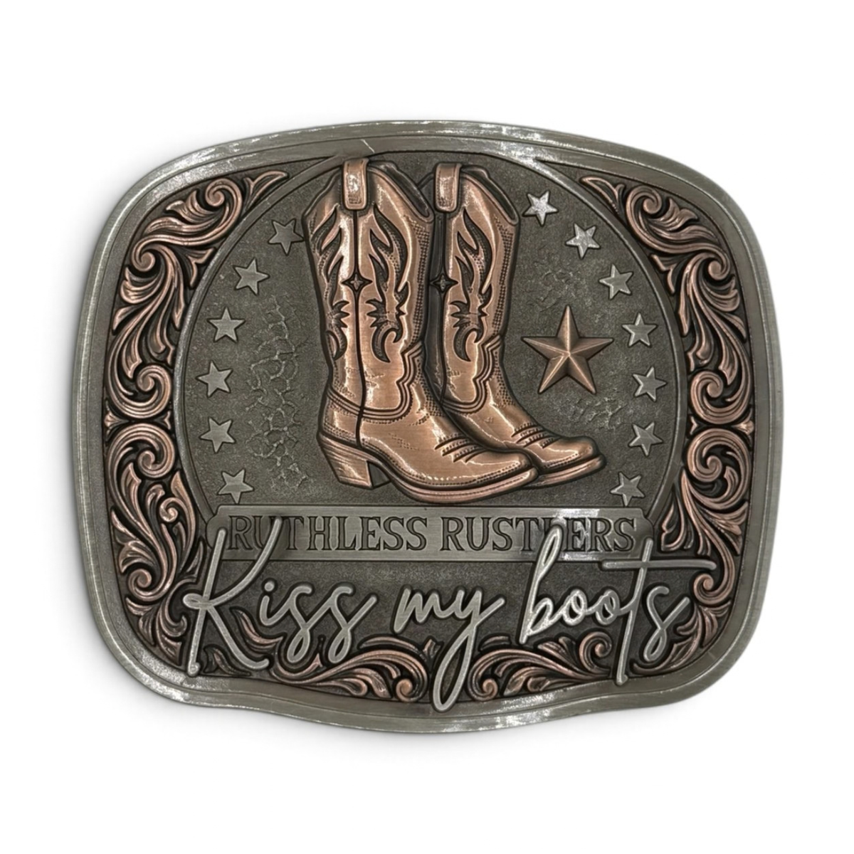 KISS MY BOOTS BELT BUCKLE | Antique Silver/Copper