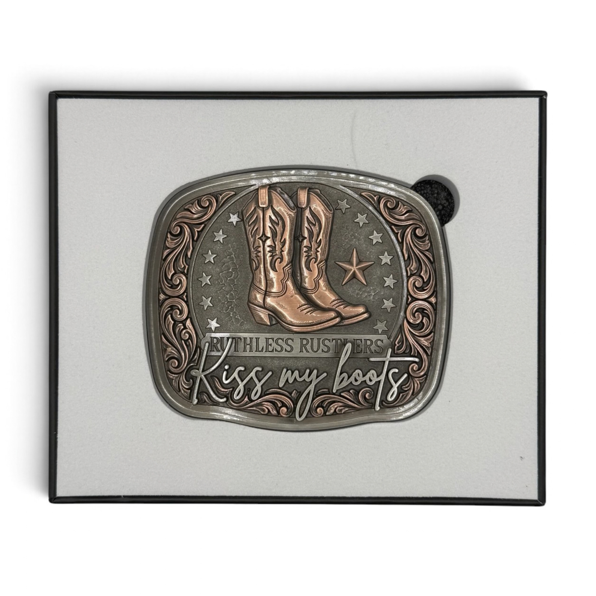 KISS MY BOOTS BELT BUCKLE | Antique Silver/Copper