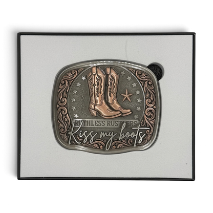 KISS MY BOOTS BELT BUCKLE | Antique Silver/Copper