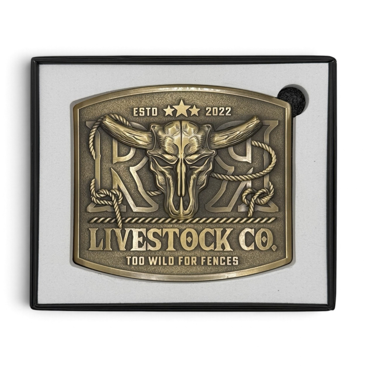 RR LIVESTOCK CO. BELT BUCKLE | Antique Gold