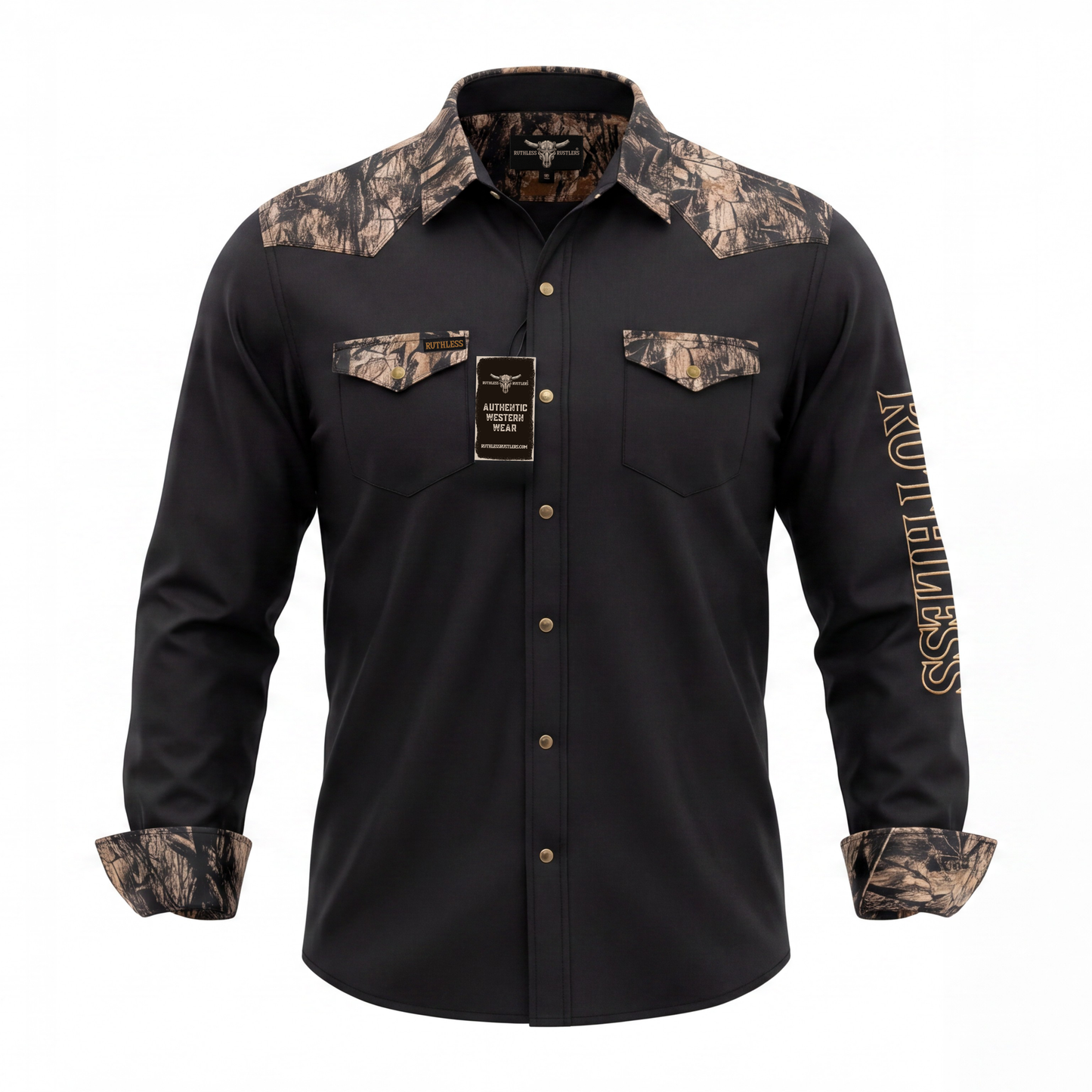 RUTHLESS RUSTLERS WESTERN SNAP SHIRT | Black/Wood Camo