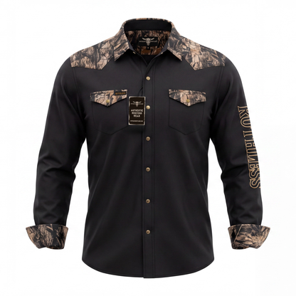 RUTHLESS RUSTLERS WESTERN SNAP SHIRT | Black/Wood Camo