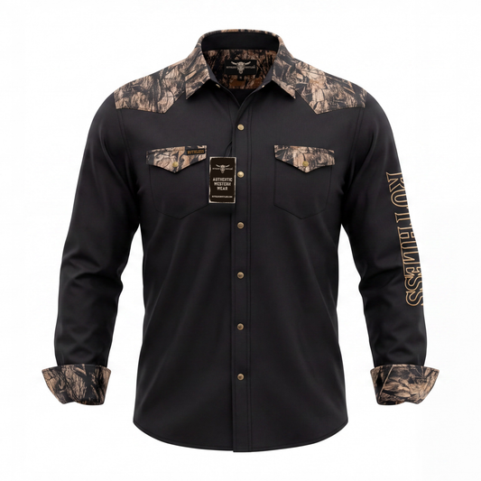 RUTHLESS RUSTLERS WESTERN SNAP SHIRT | Black/Wood Camo