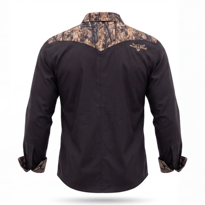 RUTHLESS RUSTLERS WESTERN SNAP SHIRT | Black/Wood Camo