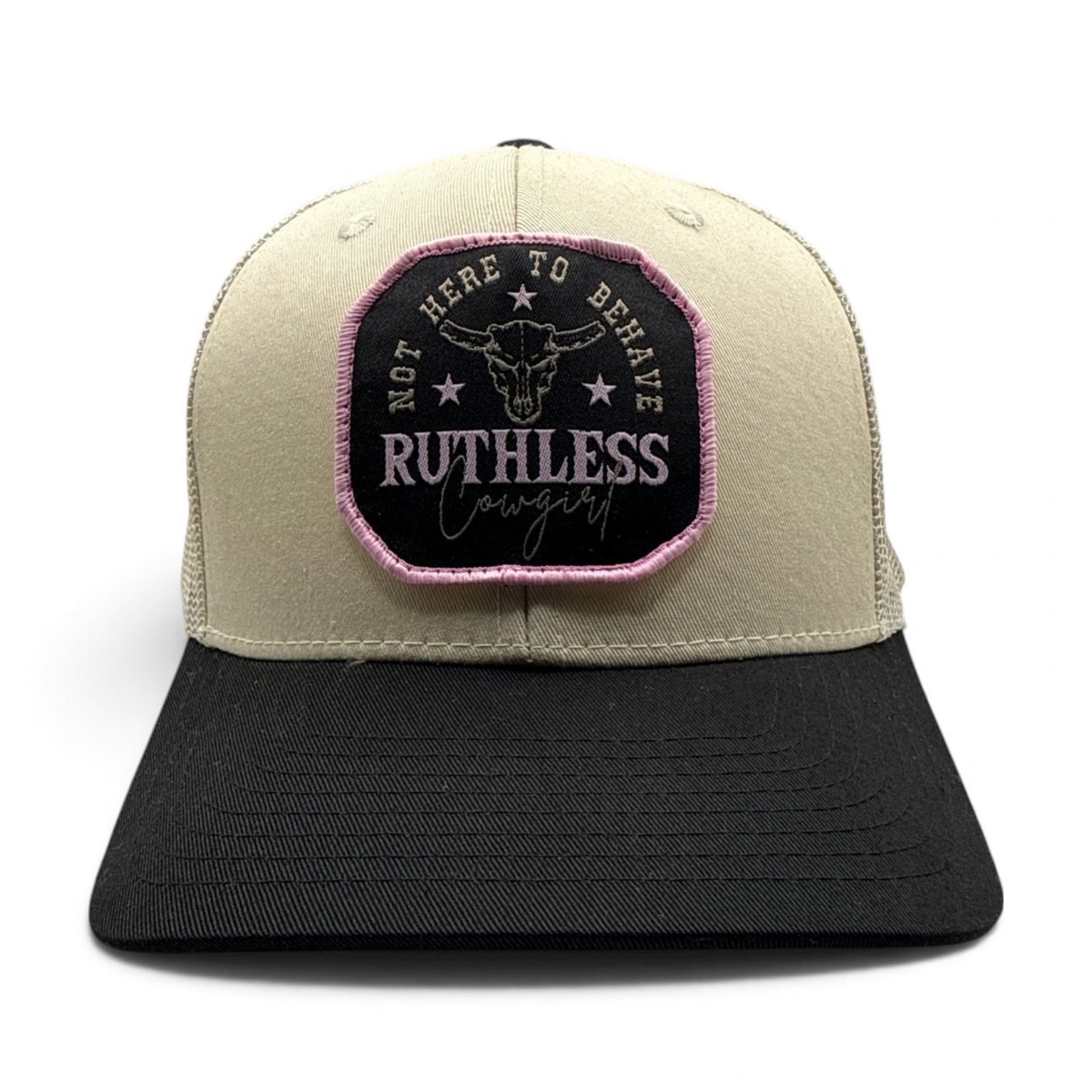 NOT HERE TO BEHAVE TRUCKER CAP | Beige/Black