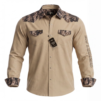 RUTHLESS RUSTLERS WESTERN SNAP SHIRT | Beige/Wood Camo