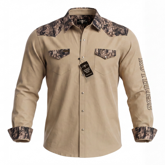 RUTHLESS RUSTLERS WESTERN SNAP SHIRT | Beige/Wood Camo