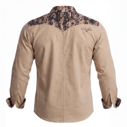 RUTHLESS RUSTLERS WESTERN SNAP SHIRT | Beige/Wood Camo