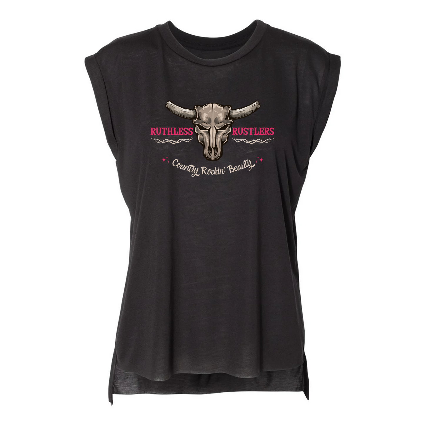 Country Rockin Beauty - Flowy Rolled Cuff Muscle Tee | Black