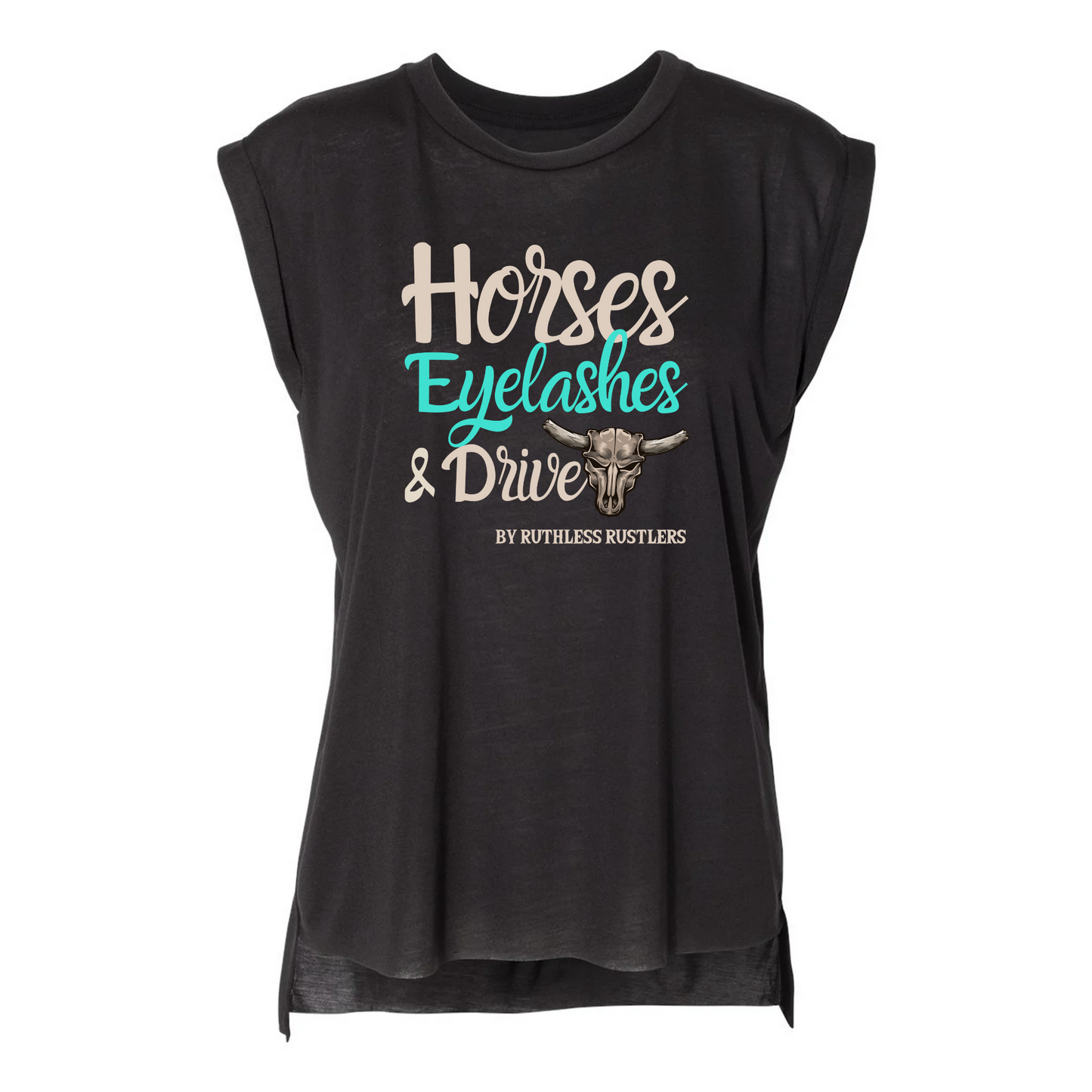 Horses Eyelashes & Drive - Flowy Rolled Cuff Muscle Tee | Black (Copy)