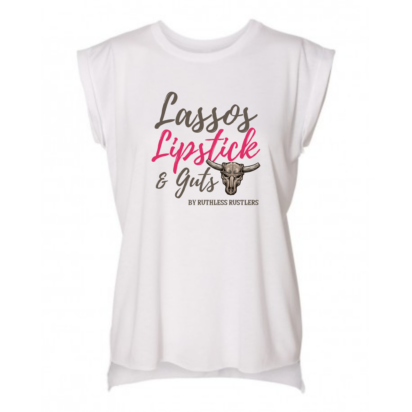 Lassos Lipstick & Guts - Flowy Rolled Cuff Muscle Tee | White