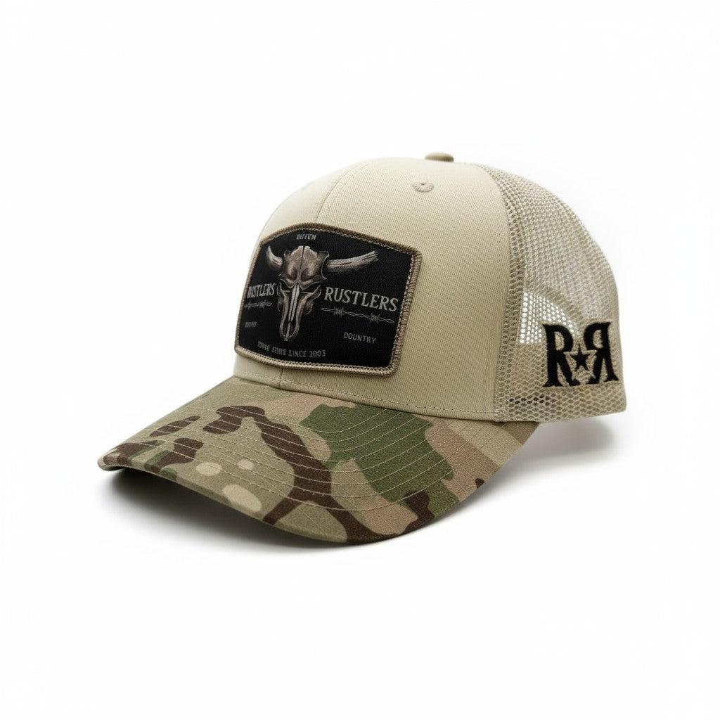Ruthless Rustlers Barbed Wire Trucker Cap | Beige/Green Camo